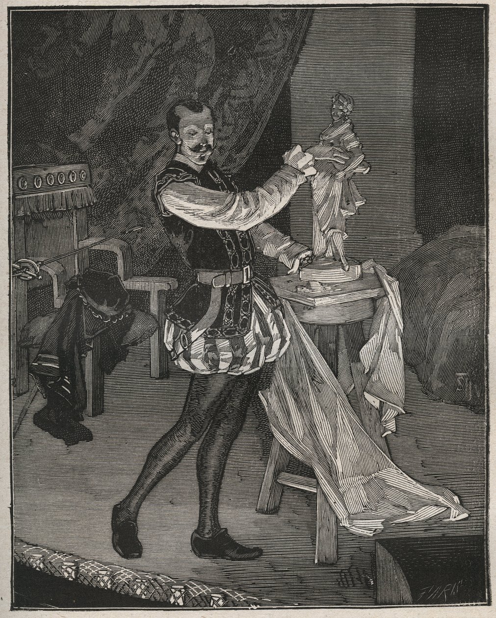 Etienne Marin Melingue (1808-1875), francia színész, aki Benvenuto Cellini szobrászt alakítja Alexandre Dumas pere „Ascanio” című művében, amelyet Paul Meurice színpadra adaptált. Metszet 1880-ból Adolphe BITARD „Les arts et professions illustrés” című kön alkotó: French School