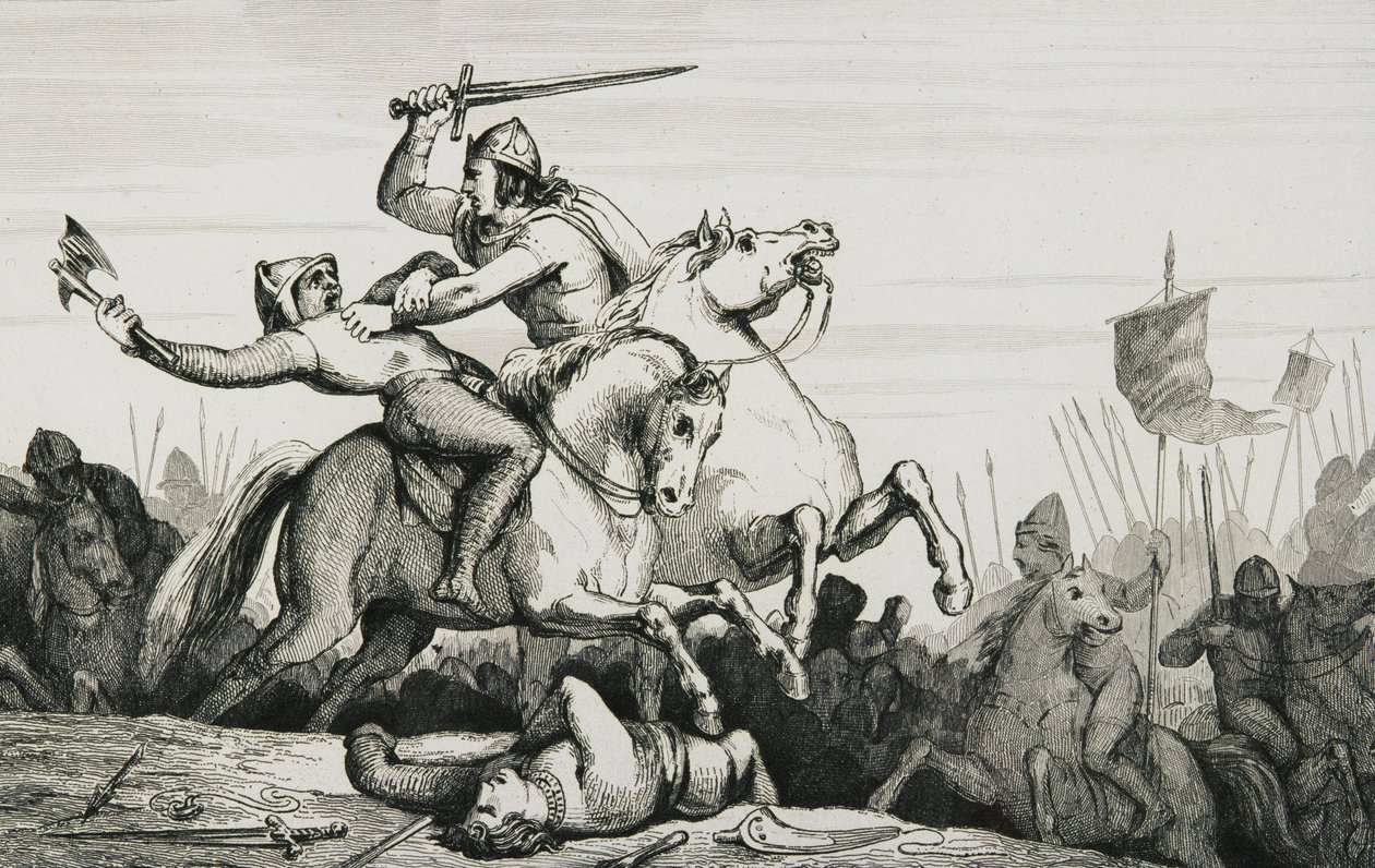 Eudes (860-98) a normannok elleni csatában, Colart "Histoire de France" című művéből, 1840 körül. alkotó: French School