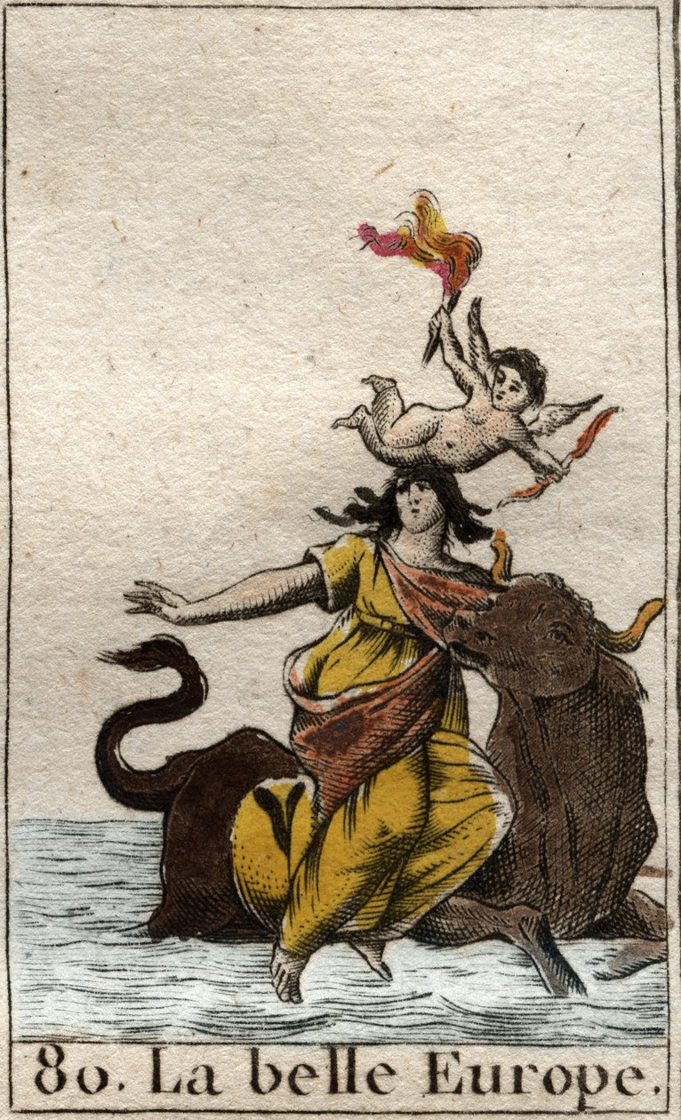 Az Európát Zeusz elrabolta egy bika alakjában Pierre Blanchard 1803-as „Mythologie de la jeunesse” című művéből. alkotó: French School