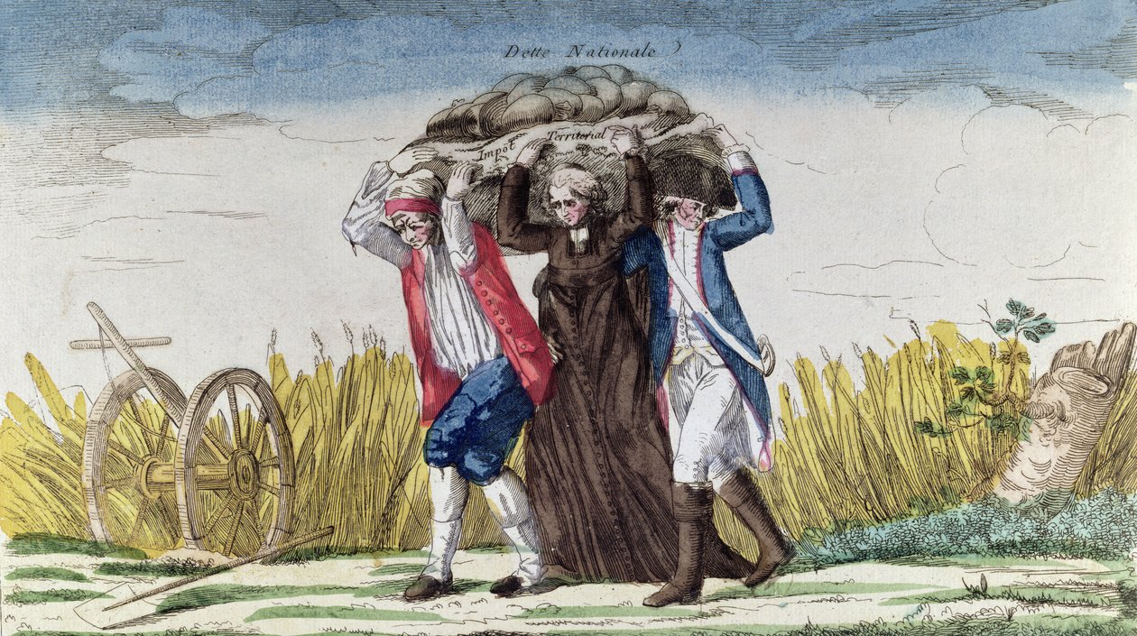 Mindenki viselje az adók és az államadósság terhét, 1789 körül (színes metszet) alkotó: French School
