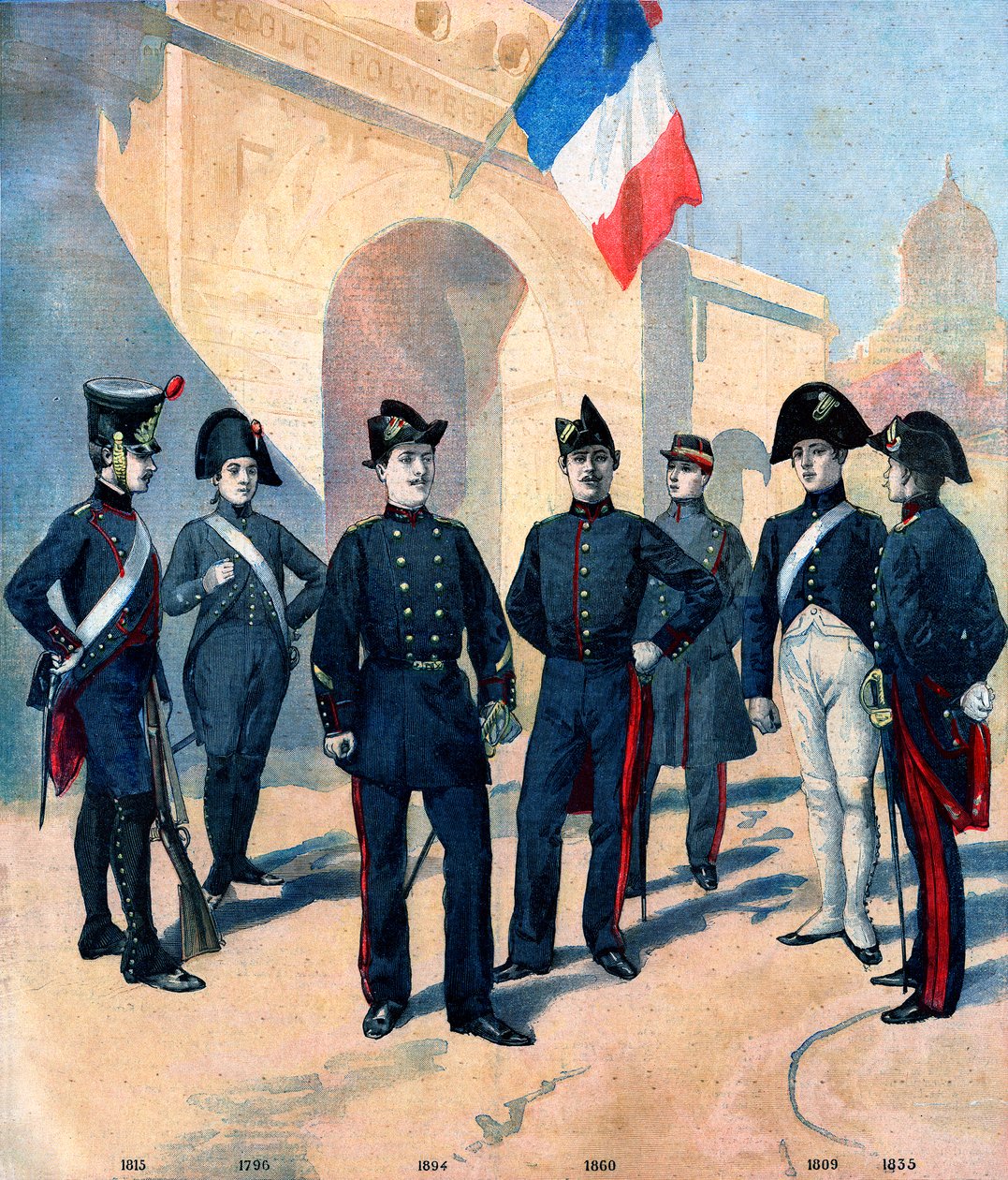 Az Ecole Polytechnique de Paris növendékeinek egyenruhájának és kétszarvának fejlődése 1796 és 1894 között alkotó: French School