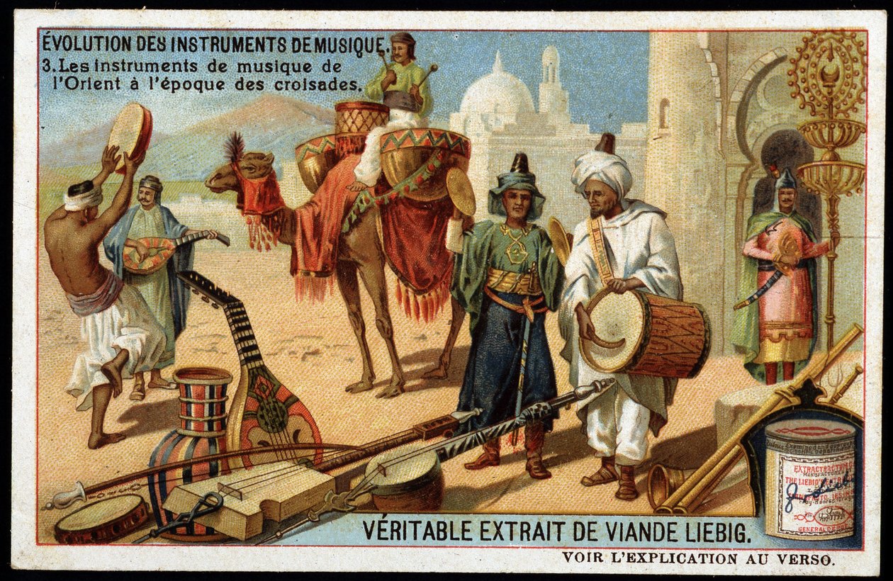 A hangszerek evolúciója: arab hangszerek a kelettől a keresztes háborúk koráig. Bendir, Duff, oud, Rabab és egyéb vonós hangszerek, fúvós és ütőhangszerek (dob). 19. század végi liebig chromolitográfia. alkotó: French School