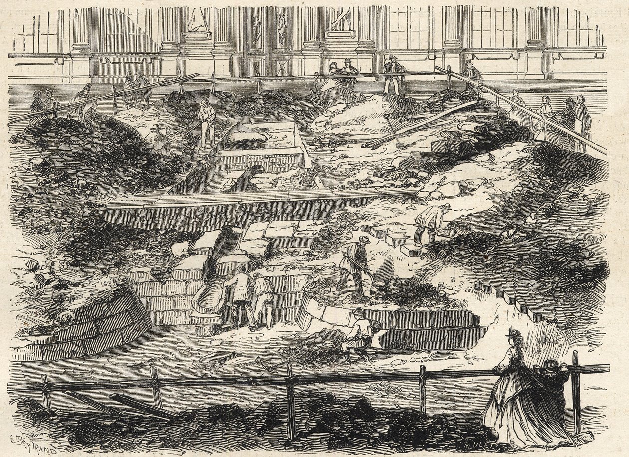 Ásatások a Cour Carree du Louvre-ban - Philippe Auguste egykori tornya alapjainak felfedezése - A Louvre udvarán végzett ásatások - Az egykori Tour Philippe-Auguste alapjainak frissítése - Metszet a „Le monde i”-ben alkotó: French School