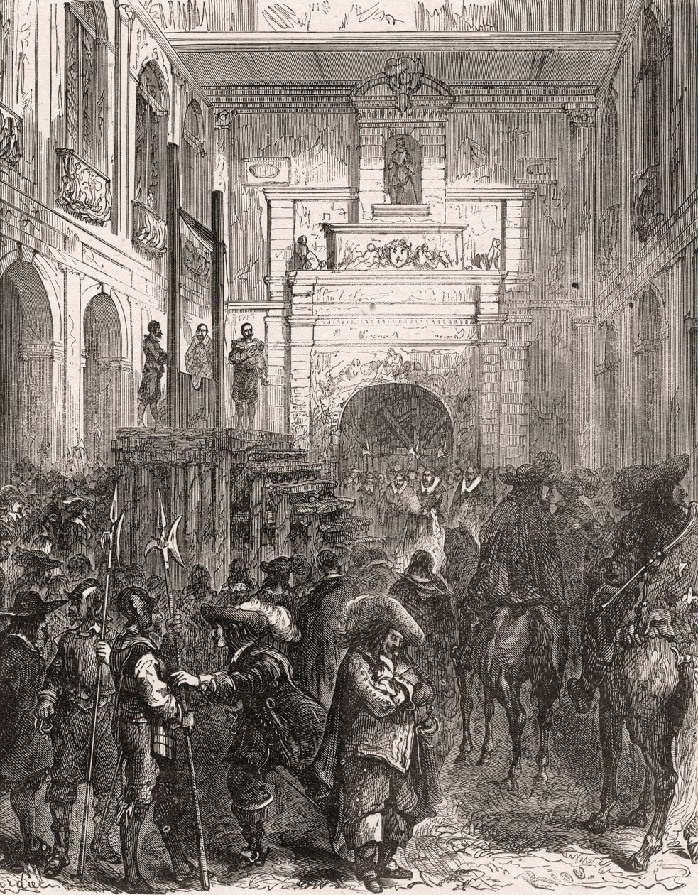Henri II (Montmorenci) marechal (1595-1632) kivégzése Toulouse-ban 1632-ben. Metszet Paul Lehugeur „” Histoire De France En Cent festményeibe 1891. alkotó: French School