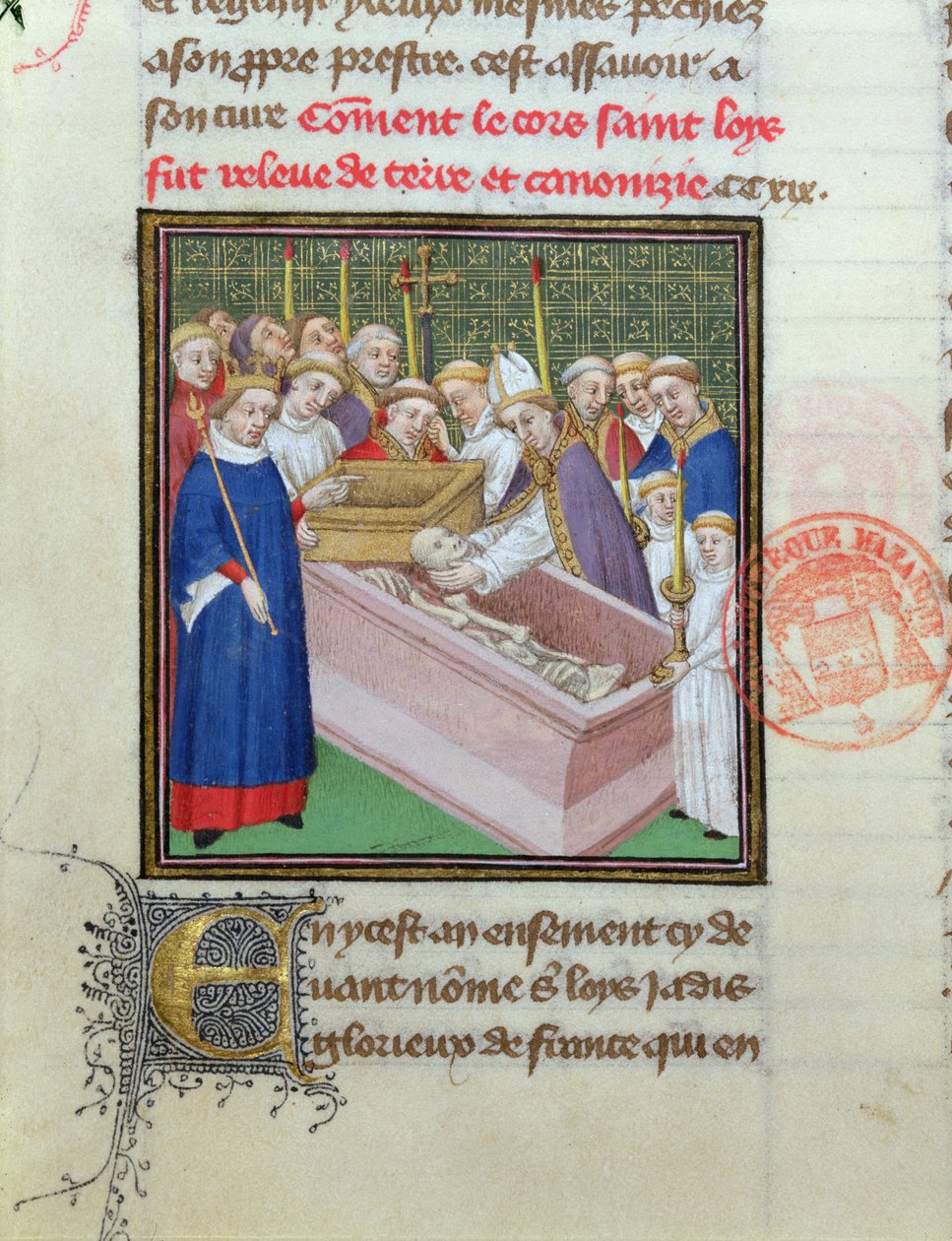 St. Louis (1215-70) exhumálása és szentté avatása 1297-ben a Les Grandes Chroniques de France-ból alkotó: French School