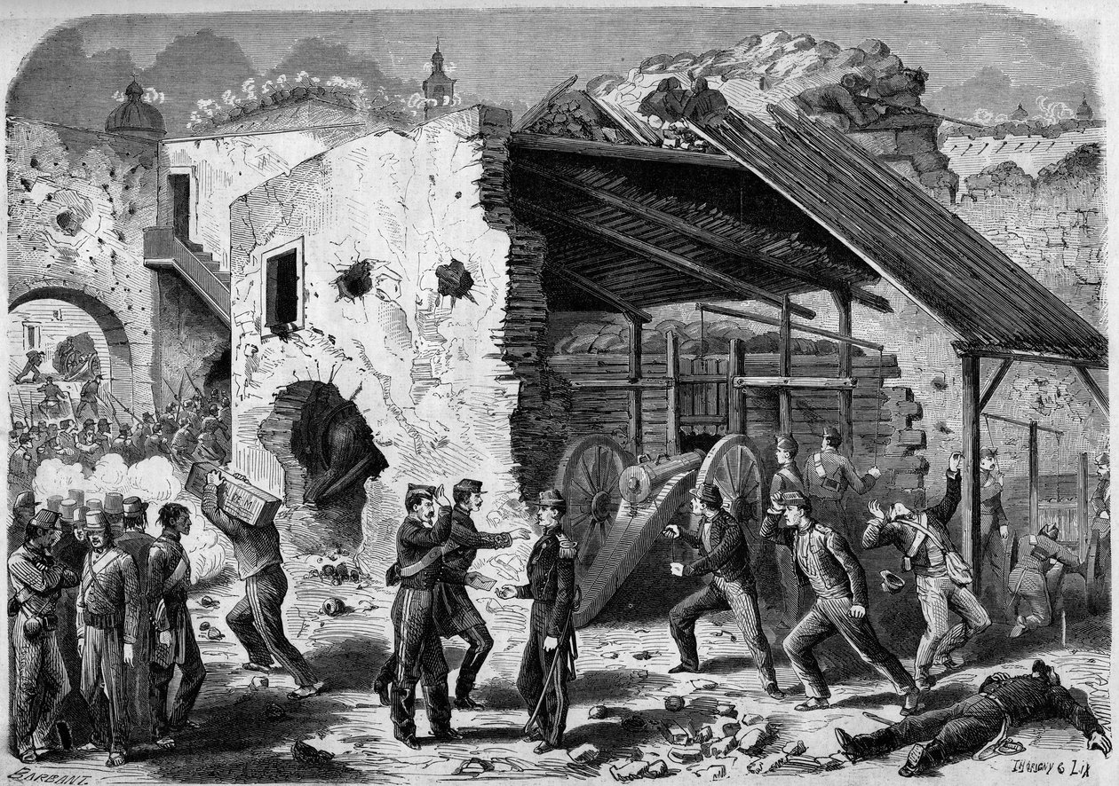 Expedíció Mexikóba (1861-1867) - Puebla ostroma - 1863: a francia hadsereg támadása egy keret (háztömb) ellen. A városba érve a francia katonáknak negyedről negyedre kellett megküzdeniük. Metszet a "" Világ I.-be alkotó: French School