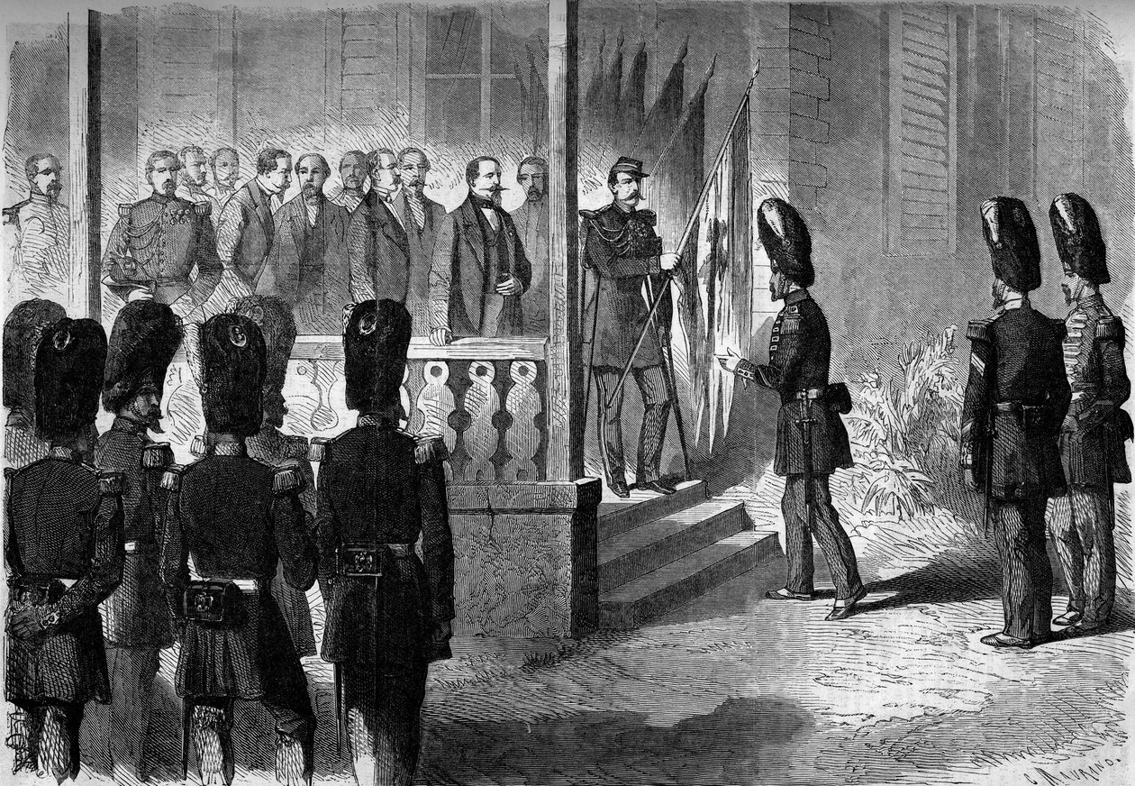 Mexikói expedíció (1861-1867): III. Napóleon (1808-1873) az őrség gránátosezredeinek őrmesterei átadják a francia hadsereg által Mexikóban elvitt zászlókat. alkotó: French School