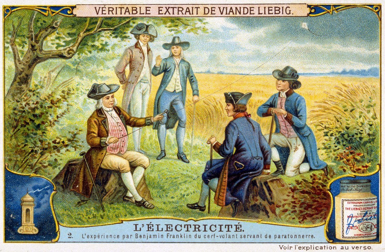 Benjamin Franklin tapasztalata villámhárítóként használt repülő szarvasról - Liebig reklámmatrica alkotó: French School