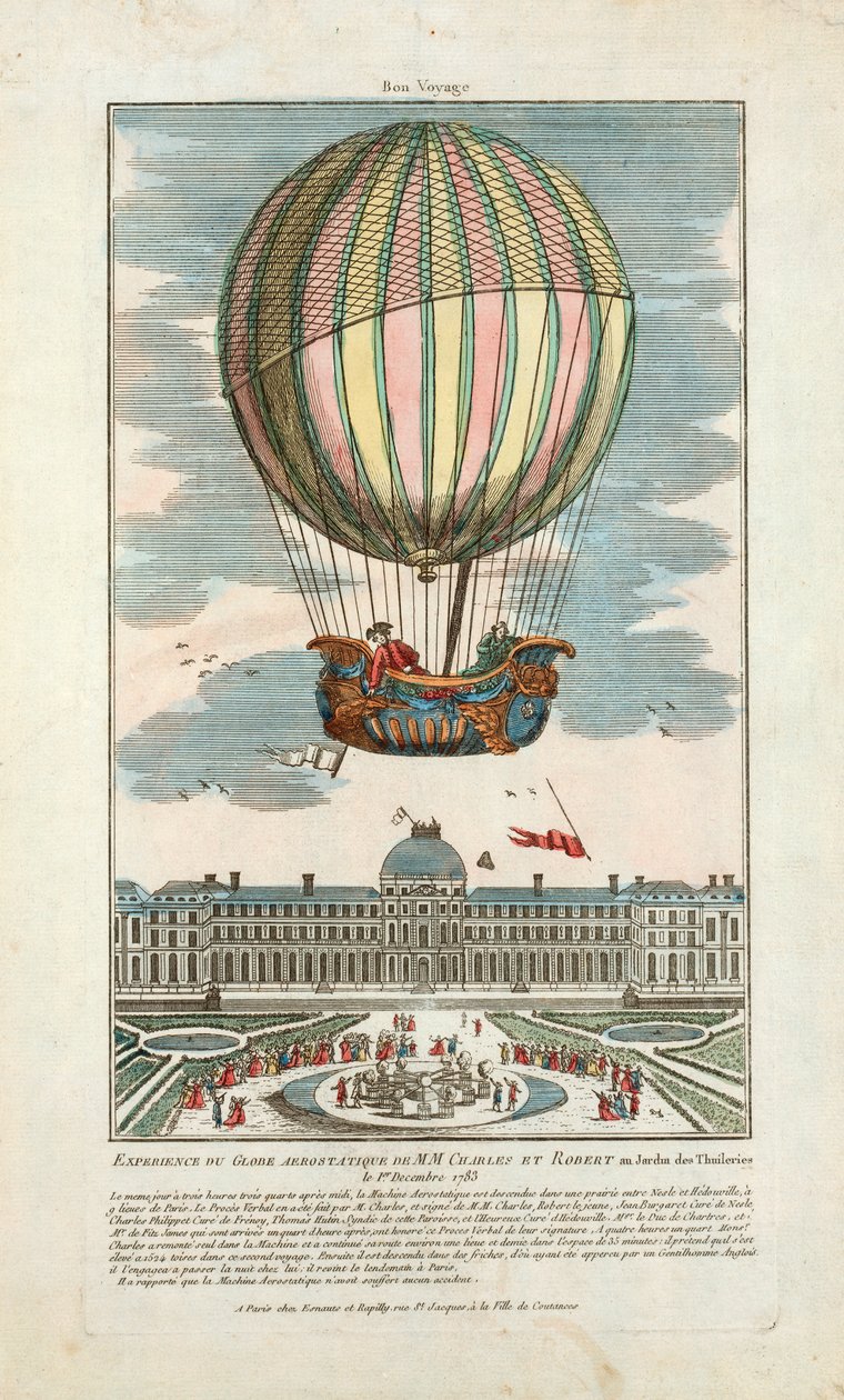 Az MM aerosztatikus földgömbjének tapasztalatai. Charles és Robert a Jardin des Thuileries-ben 1783. december 1-jén, kocsma. 1783 (kézzel színezett metszet) alkotó: French School