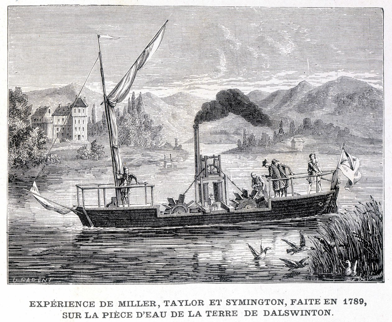 Miller, Taylor és Symington tapasztalata, 1789-ben, Dalswinton földjének vízdarabján - a „tudomány Albumában”; jeles tudósok; Nagy felfedezések””” 1896. alkotó: French School