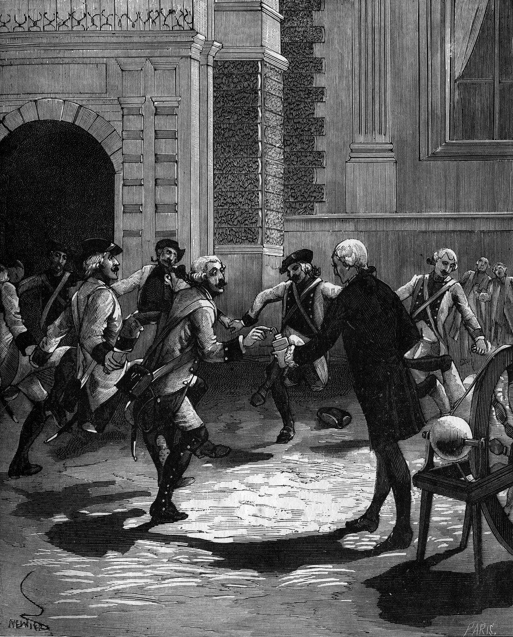 Jean Antoine Nollet (Jean-Antoine) abbé (Jean-Antoine) (1700-1770) francia fizikus, Versailles-i fizikus tapasztalata a leideni palackról, ahol 180 őrt ütöttek le egyszerre.1746. alkotó: French School