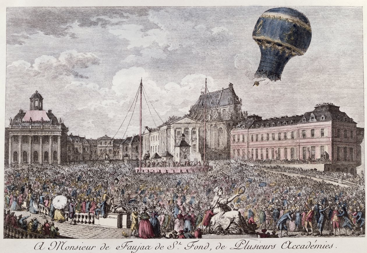 A Montgolfier testvérek Versailles-i kísérlete egy Montgolfiere hőlégballonon egy kakas, egy kacsa és egy birka repülésével 1783. szeptember 19-én alkotó: French School