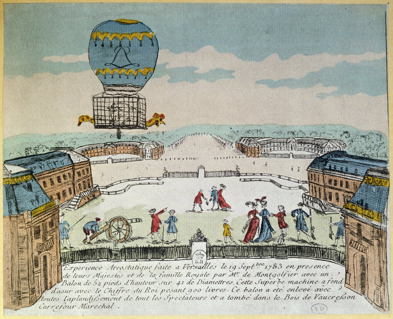 A Montgolfier testvérek Versailles-i kísérlete egy Montgolfiere hőlégballonon egy kakas, egy kacsa és egy birka repülésével 1783. szeptember 19-én alkotó: French School