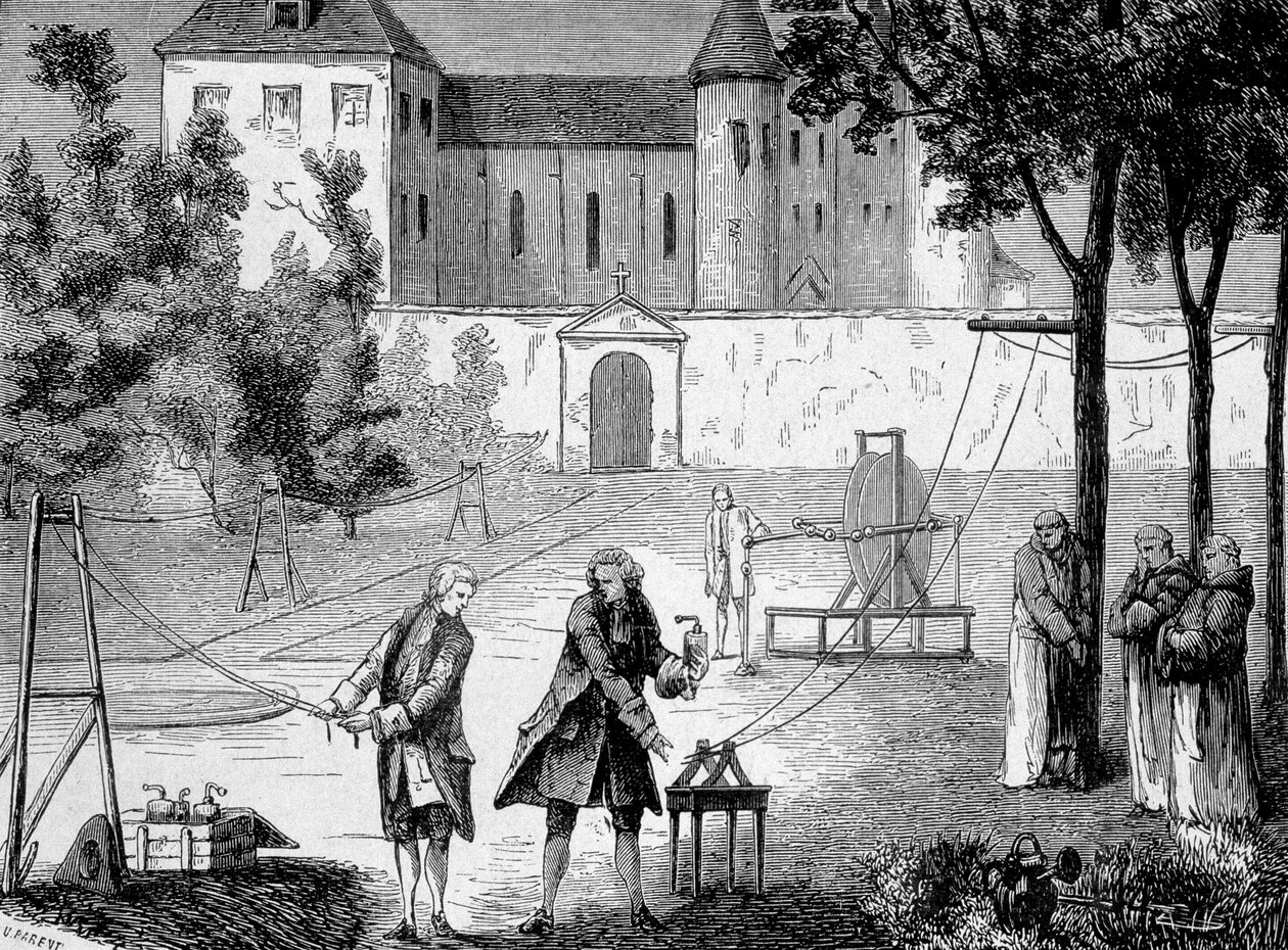 Lemonnier 1746-ban a Chartreux-i kolostorban végzett kísérlete az elektromosság sebességének értékelésére – az „Album de la Science; jeles tudósok; Nagy felfedezések””” 1896. alkotó: French School