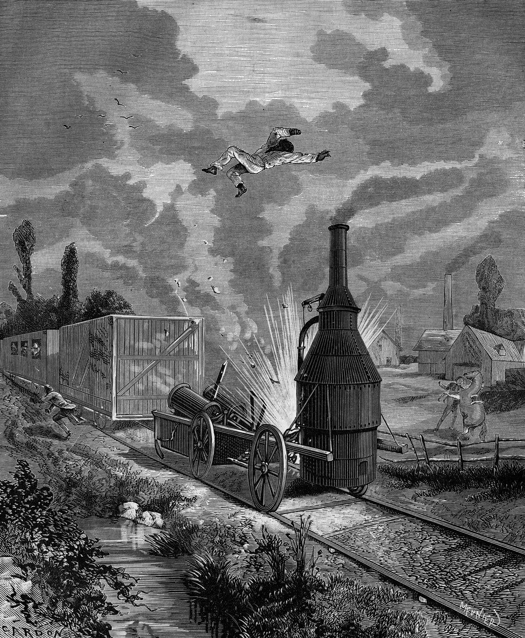 Az egyik első amerikai gőzmozdony kazánjának felrobbanása 1831 júniusában (a „legjobb barát”). Bitard Adolphe 1880-ban a „Populáris tudománytörténet, találmányok és felfedezések az első évszázadoktól napjainkig”. alkotó: French School