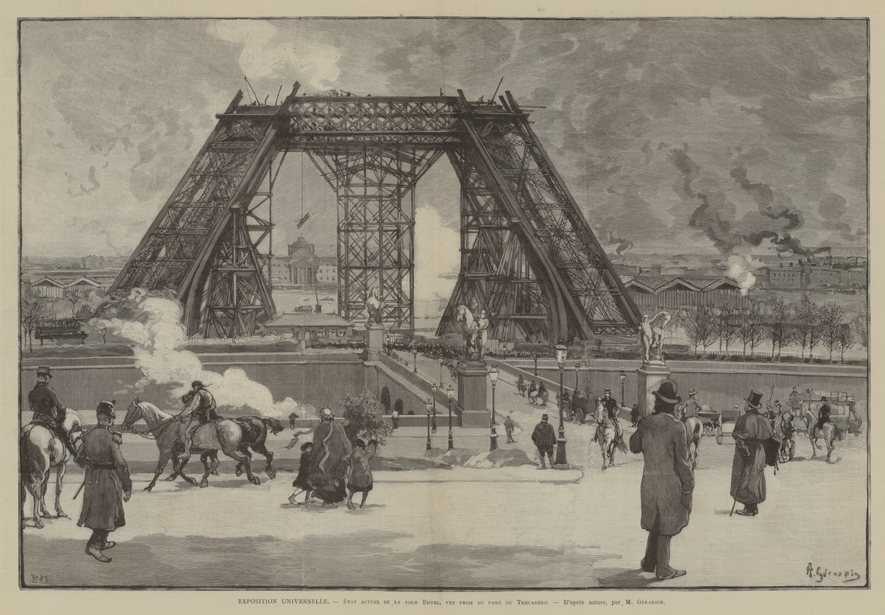 Exposition Universelle, az Eiffel-torony jelenlegi állapota, a Trocadero parkból nézve (metszet) alkotó: French School