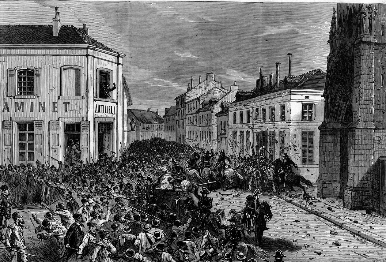 A tourcoingi maristák kiutasítása Jules Ferry 1880. márciusi rendelete nyomán, amely megfosztotta a jogosulatlan vallási gyülekezetek tagjainak tanítási jogát: a rendőrség szétoszlatta a maristák kiutasításával ellenséges lovasokat, és alkotó: French School