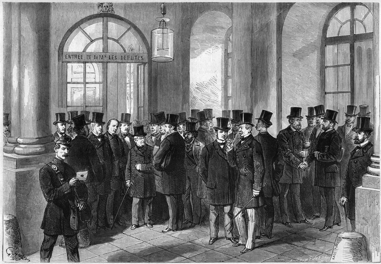 Mac-Mahon (Mac Mahon) marechal elnöki mandátumának meghosszabbítása, a septennat felállítása Franciaországban, 1873. november: Assembllee de Versailles bejárati ajtajának képe, a prorogáció tárgyalásának napján. Balról jobbra alkotó: French School