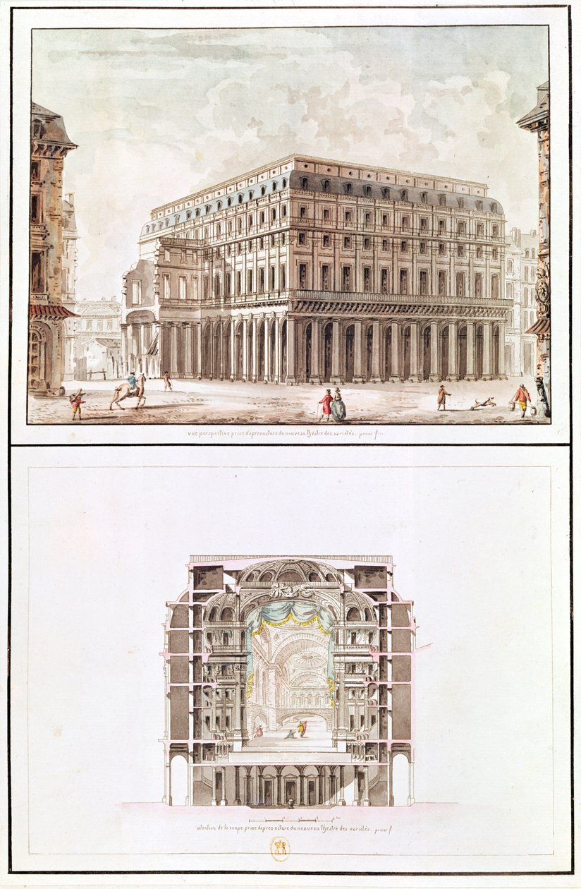 A Theater des Varietes, 6 rue de Richelieu, külső és belső keresztmetszete alkotó: French School