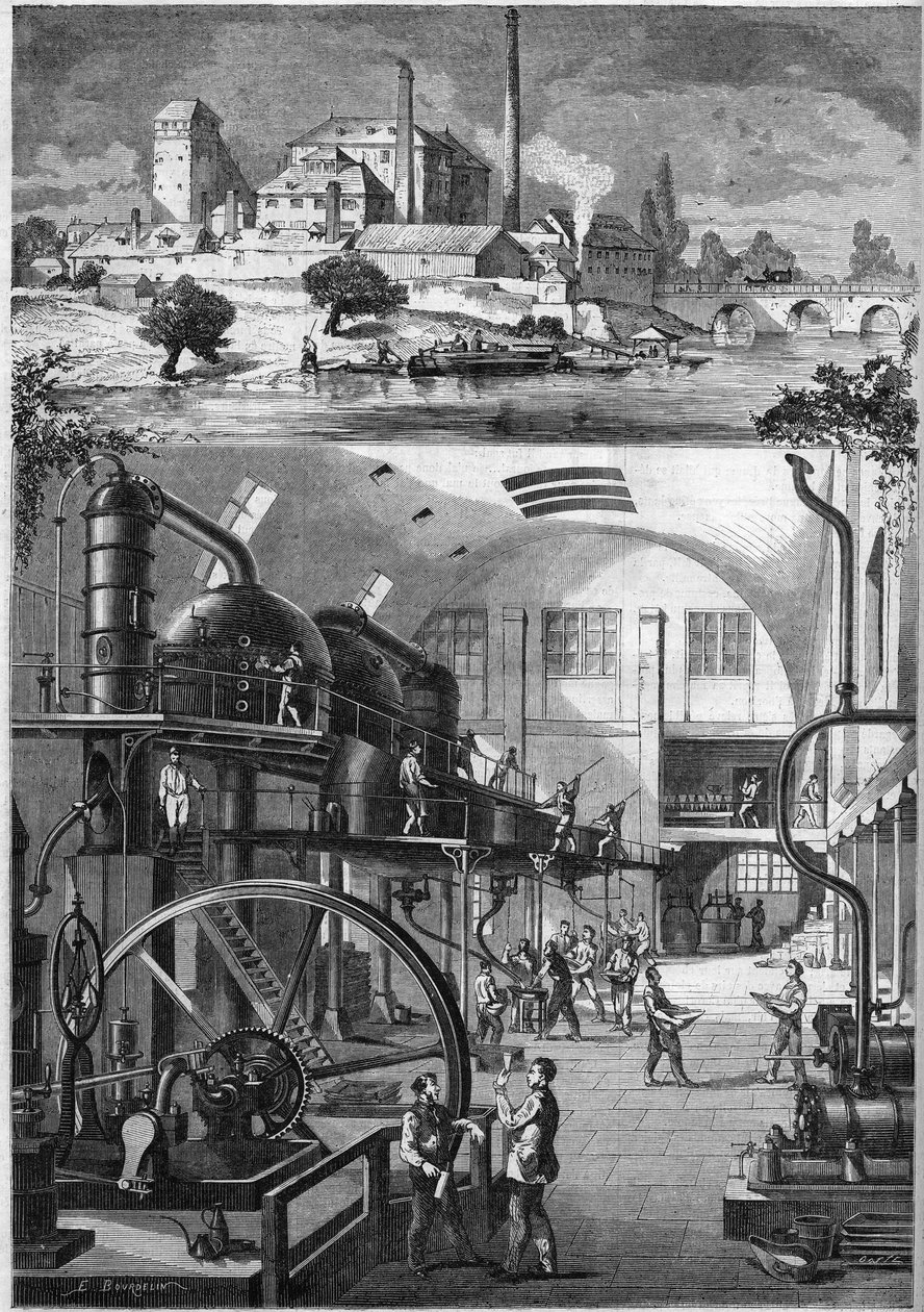 A nantes-i Les Recollets nagy cukorfinomító 1864-ben birtokolt nagy cukorfinomítójának külső képe és fő műhelyei. Metszet a „” Le Monde Illustré”” 380. számában, 1864. július 23.. alkotó: French School