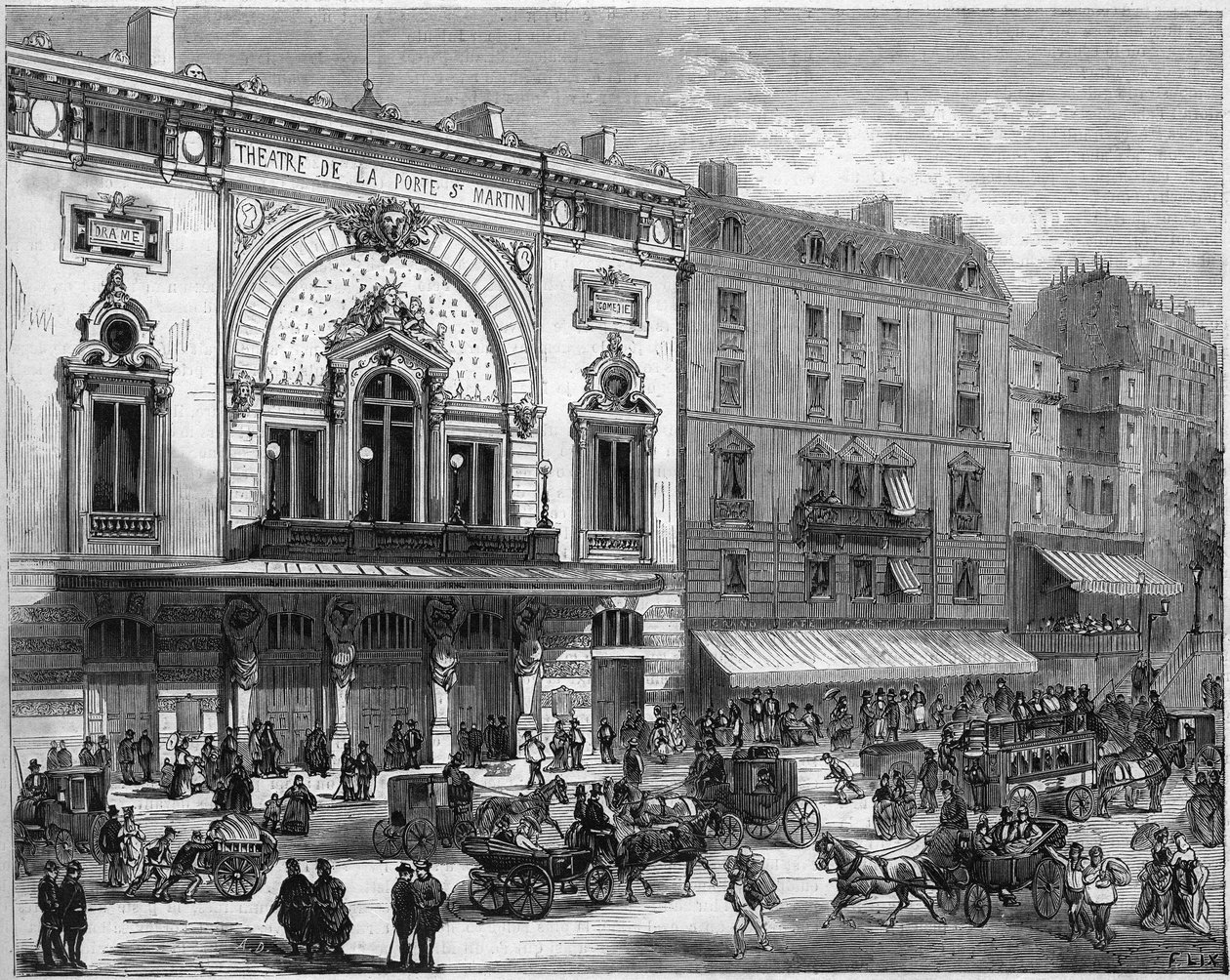 Az 1873-ban átépített párizsi Porte Saint Martin Színház külső képe. Metszet a „” Le Monde Illustré”” 856. sz., 1873. szeptember 6-án. alkotó: French School