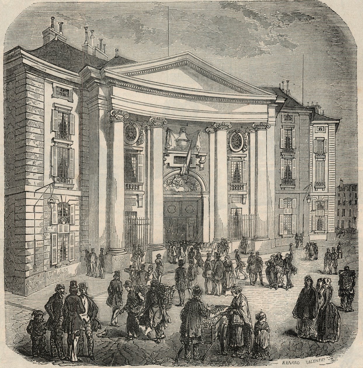 A párizsi Place du Pantheon Jogi Iskola külső képe – Edmond Texier 1852-es metszete a „Tableau-de-Paris”-ban alkotó: French School