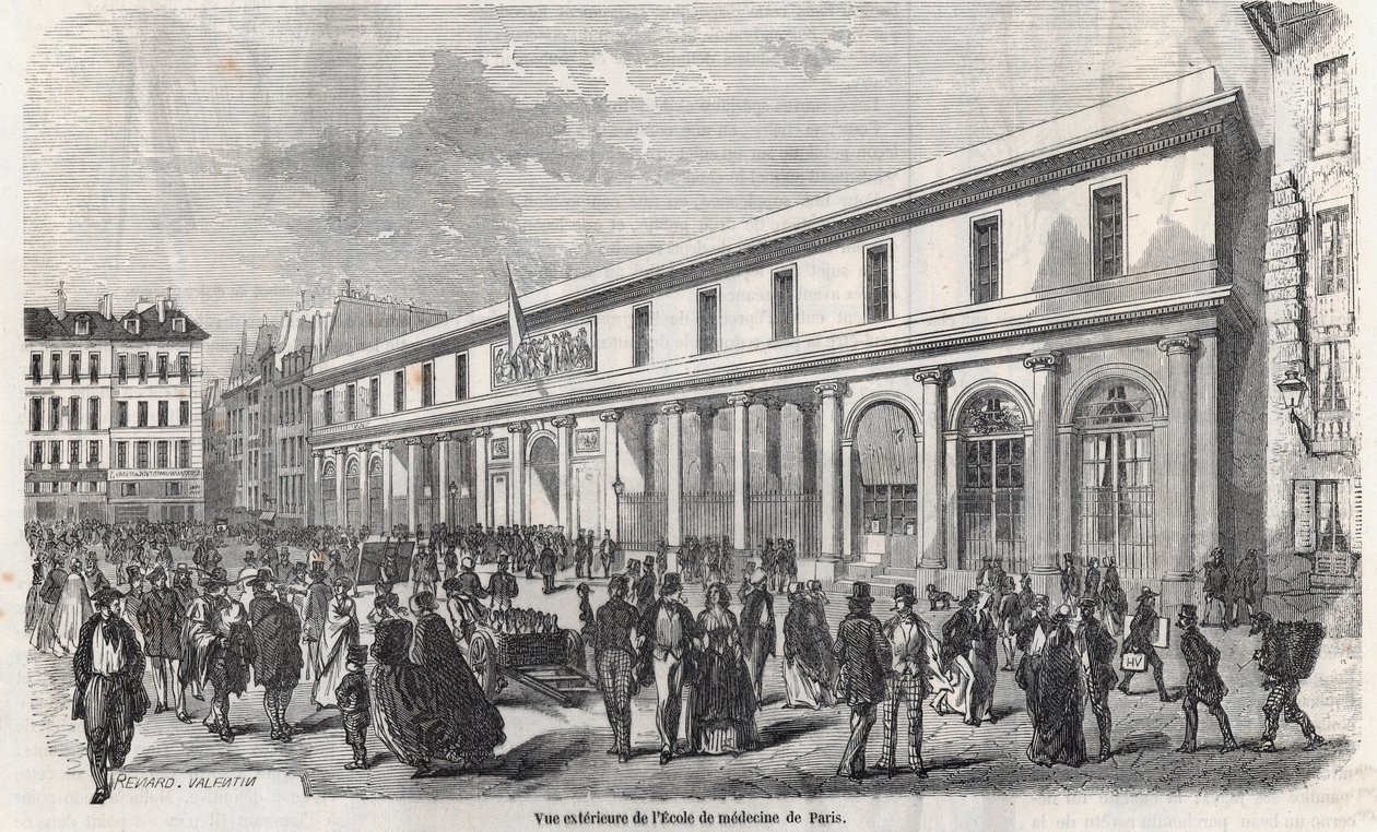 A Párizsi Orvostudományi Iskola külső képe – Edmond Texier 1852-es metszete a „Tableau-de-Paris”-ban alkotó: French School