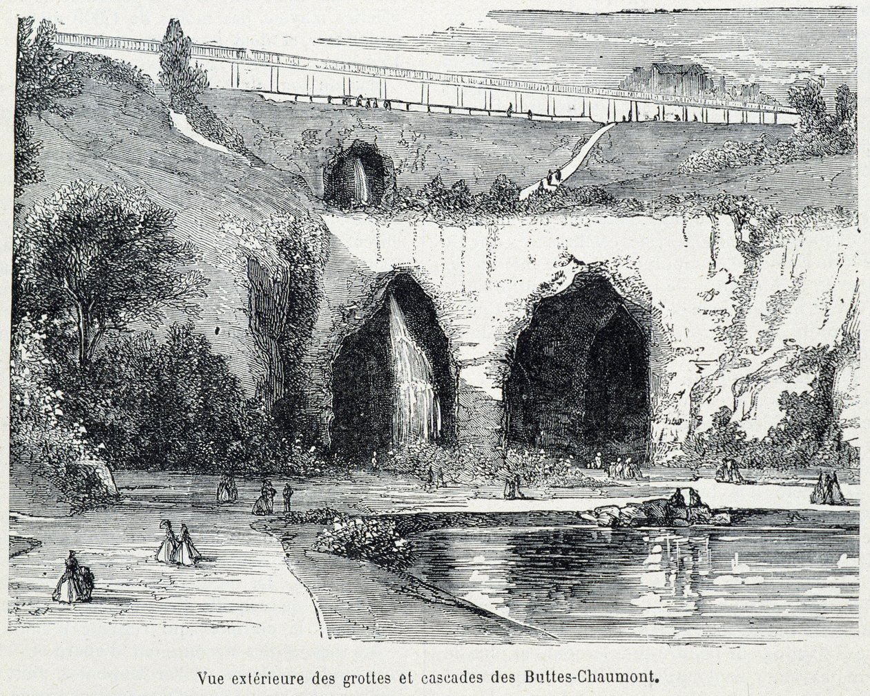 A Buttes Chaumont vízeséseinek és barlangjainak külső képe, metszet XIX. alkotó: French School