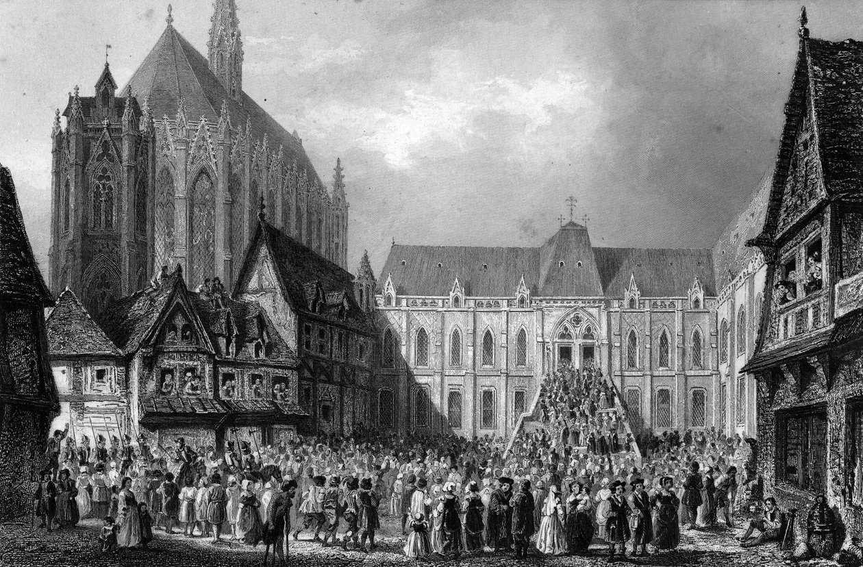 A bíróság épületének külső képe. Victor Hugo „Notre Dame de Paris” című művében, 1844-ből származó metszet. alkotó: French School