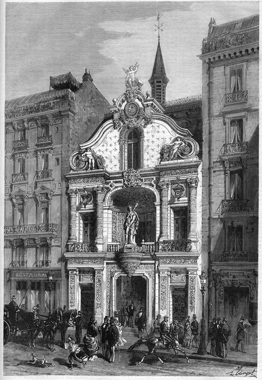 A „Le Figaro” újság szállodájának külső képe Párizsban, a rue Drouot 26. szám alatt. Metszet a „” Le Monde Illustré”” 888. számában, 1874. április 18.. alkotó: French School