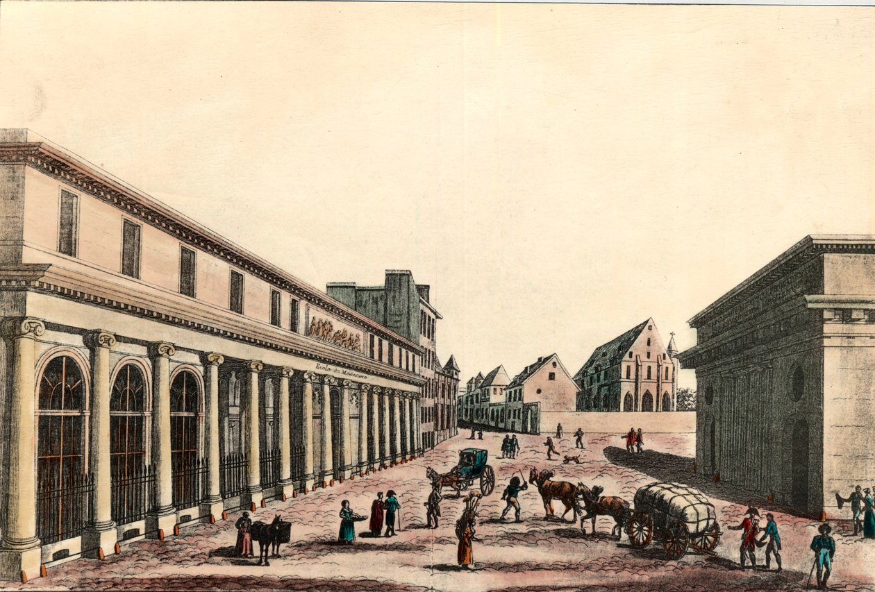 A konzulátus alatti párizsi orvosi iskola külső képe (1799-1804). századi metszet. Magángyűjtemény. alkotó: French School