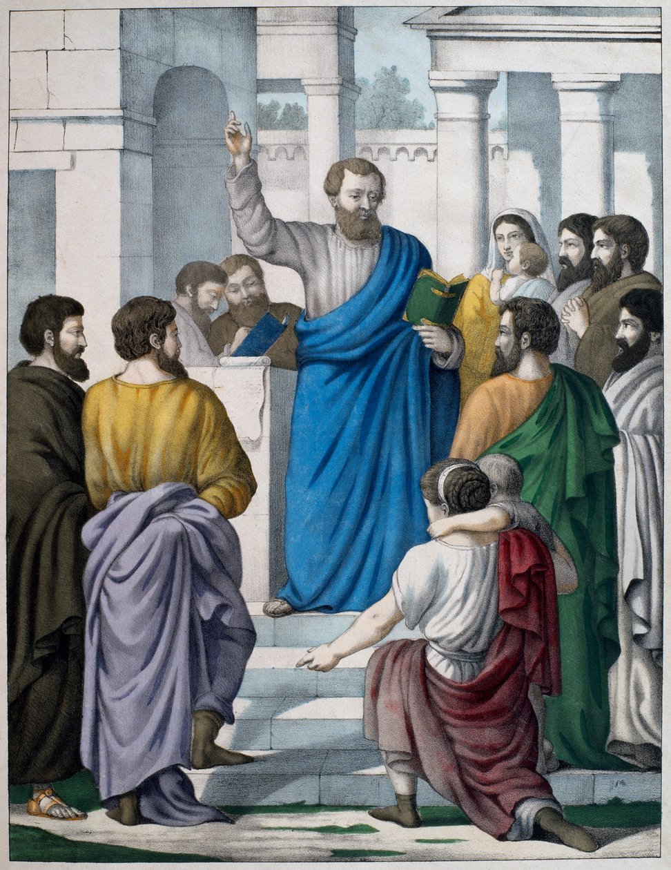 Ezra Mózes törvényének könyvét olvassa, illusztráció az LHistoire Sainte katekizmusból, kiadó: Charles Delagrave, Párizs, 19. század vége alkotó: French School