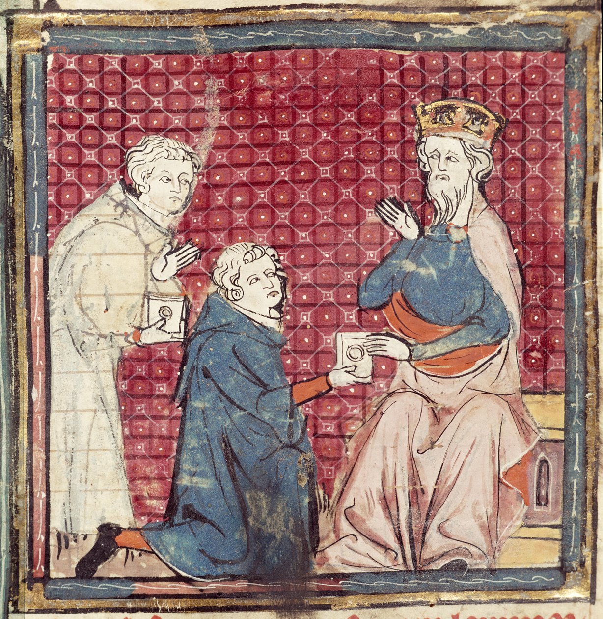 F.117r Küldöttek, akik a Grandes Chroniques de France-ból, 1375-79-ből mesélik Nagy Károlynak a szaracénok felett aratott győzelmet alkotó: French School