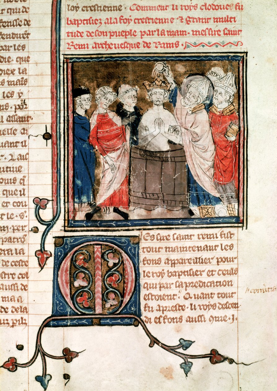 F.11r Szent Remigius (kb. 438-533) Rheims püspöke, I. Clovis megkeresztelése és felkenése (465-511) a frankok királya, a Grandes Chroniques de France-ból, 1375-79 alkotó: French School