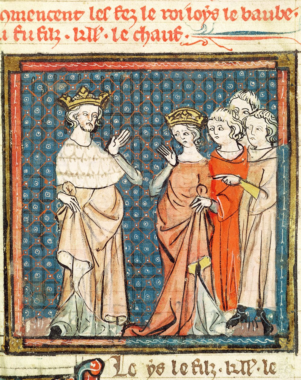 F.180r II. Lajos (846-79), dadogó és friouli Adelaide, Aquitánia királynője házassága a Grandes Chroniques de France-ból 1375-79 alkotó: French School
