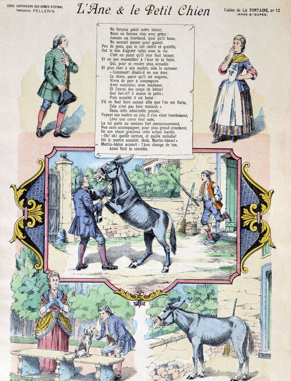 Fable de La Fontaine „A szamár és a kis kutya”. Kép: Epinal-Pellerin alkotó: French School