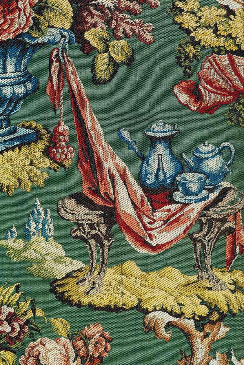 Csokoládés edényt és teáskannát ábrázoló szövet, Lyon Workshop, 1730 körül (selyem) alkotó: French School
