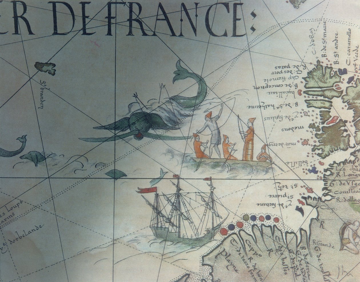 A bálnavadászat és az Isle of Saint Brandon fakszimile, Pierre Desceliers portolán térképének részlete, 1546, Edme Francois Jomard (1777-1862) a Monuments de la Geographie-ban publikálta alkotó: French School