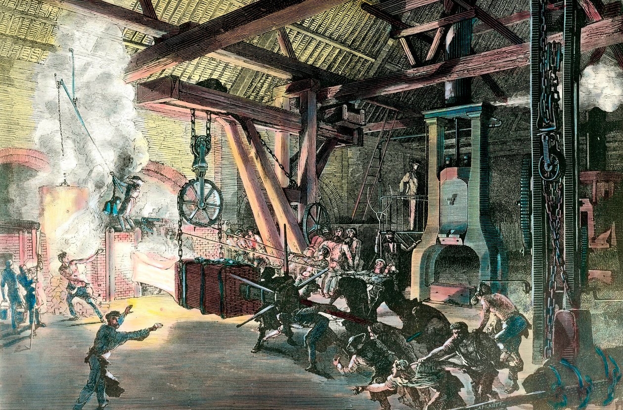 Gyár: „” Le hamteau drummer (kalapács-dobos) des forges du Creusot 1865-ben”” Metszet 1865 körül. Magángyűjtemény alkotó: French School