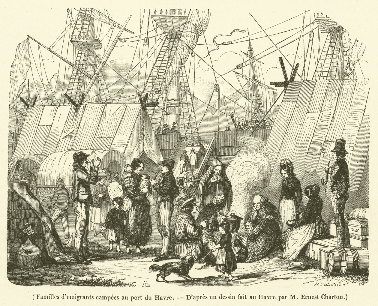 Kivándorló családok táboroznak Le Havre kikötőjében (metszet) alkotó: French School
