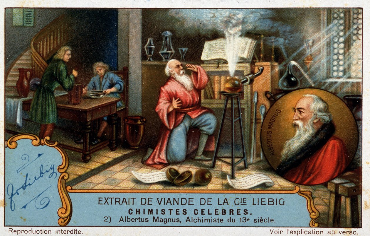 Híres vegyészek: Albrecht von Bollstadt Nagy Albert vagy Albertus Magnus (1206 - 1280), domonkos testvér, német kémikus és Aquinói Tamás alkimista professzora tanoncként ábrázolható a képen alkotó: French School