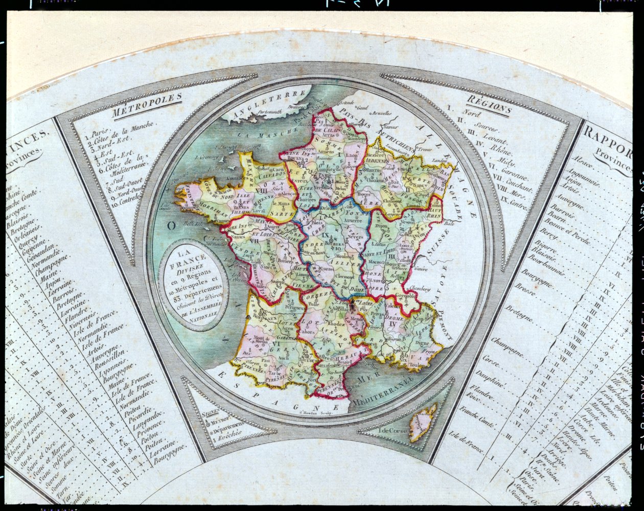 Franciaország térképét 9 régióra, 10 metropoliszra és 83 megyére osztva ábrázoló legyező, 1790 alkotó: French School
