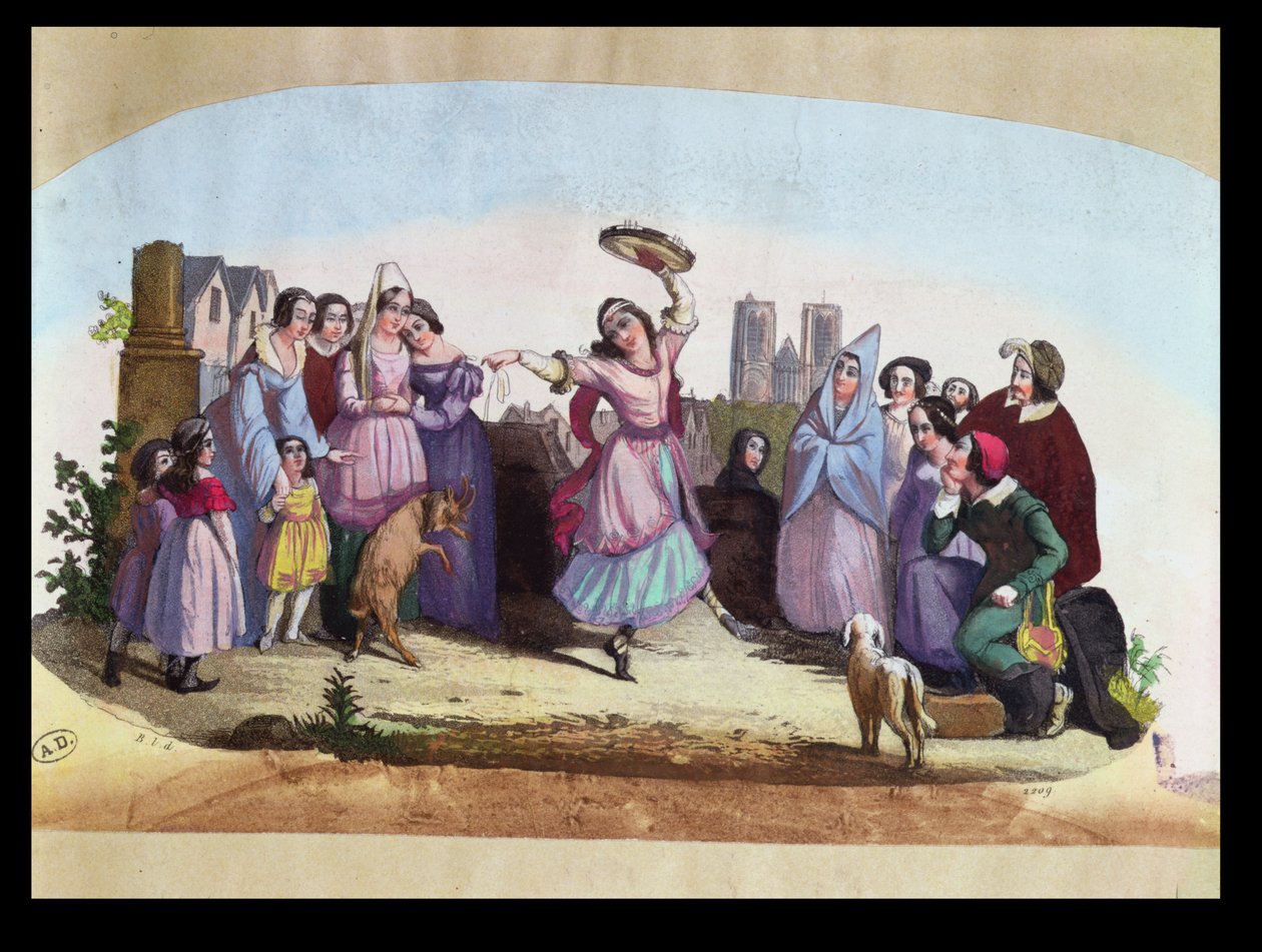 Rajongói terv a La Esmeralda, Louise-Angelique Bertin (1805-77) operájának egy jelenetét ábrázolja Victor Hugo (1802-85) regénye után, 1836 körül. alkotó: French School