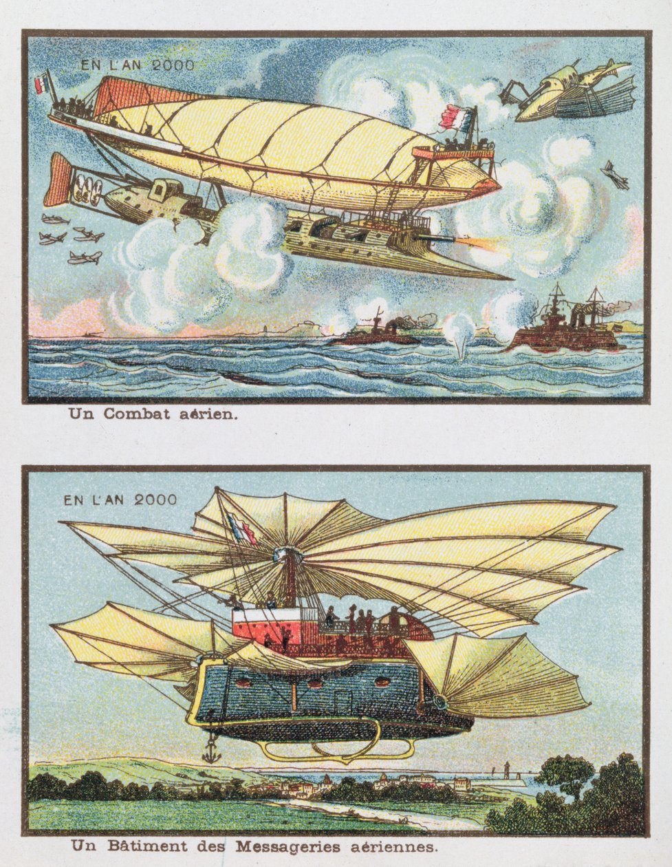Fantasy ábrázolások egy légi csatáról és egy teherszállító repülőgépről 2000-ben, 1910 körül alkotó: French School