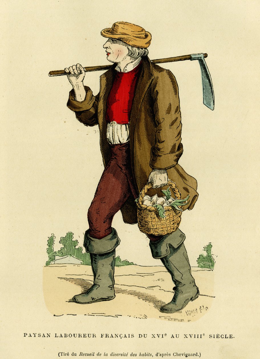 Parasztöltöny a 17-18. századból. Színes metszet Chevignard rajza alapján, Augustin Challamel, F. Roy szerkesztő, „France et les francais a travers les centuries” című könyvében, Párizs 1882. Selva Collection. alkotó: French School