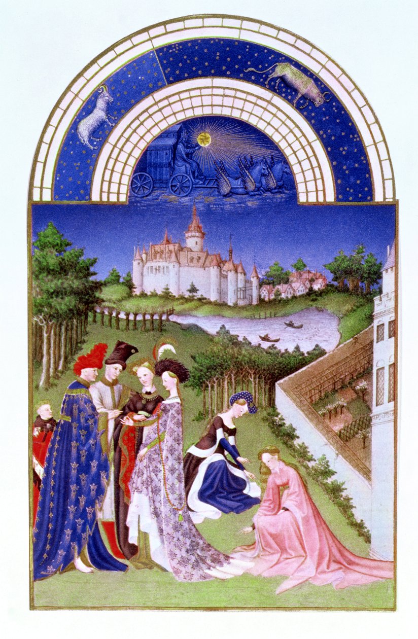 Április fakszimile: udvari alakok a kastély területén a Limbourg fivérektől, a Tres Riches Heures du Duc de Berry-től (az eredetit lásd: 8436) alkotó: French School