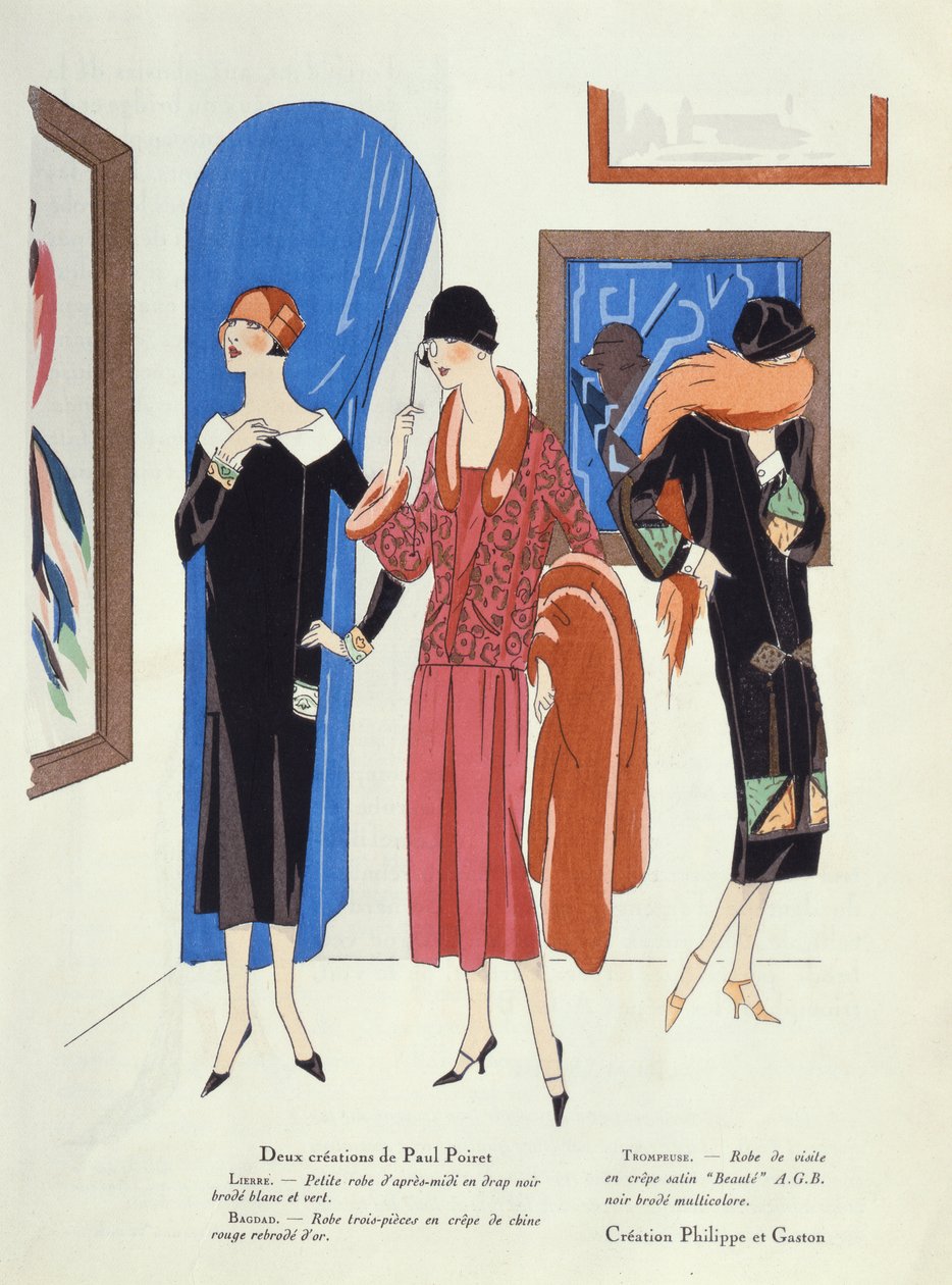 Paul Poiret és Philippe et Gaston divattervei a művészeti galériák látogatói számára, az Art, Gout, Beaute magazinból, 1925 alkotó: French School