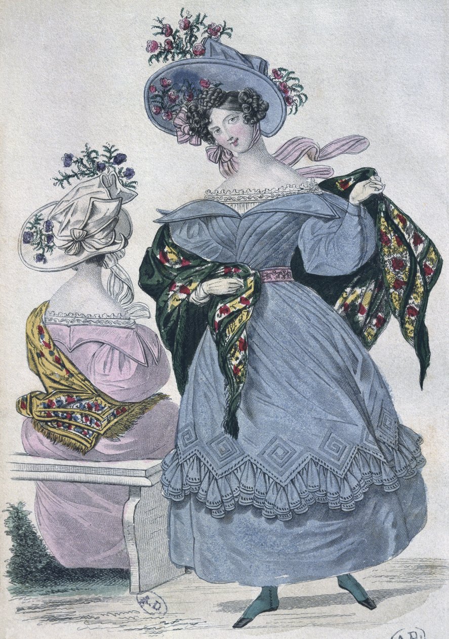 Divattányér, Párizs, illusztráció a Le Petit Courrier des Damesből, 1830 (színes metszet) alkotó: French School