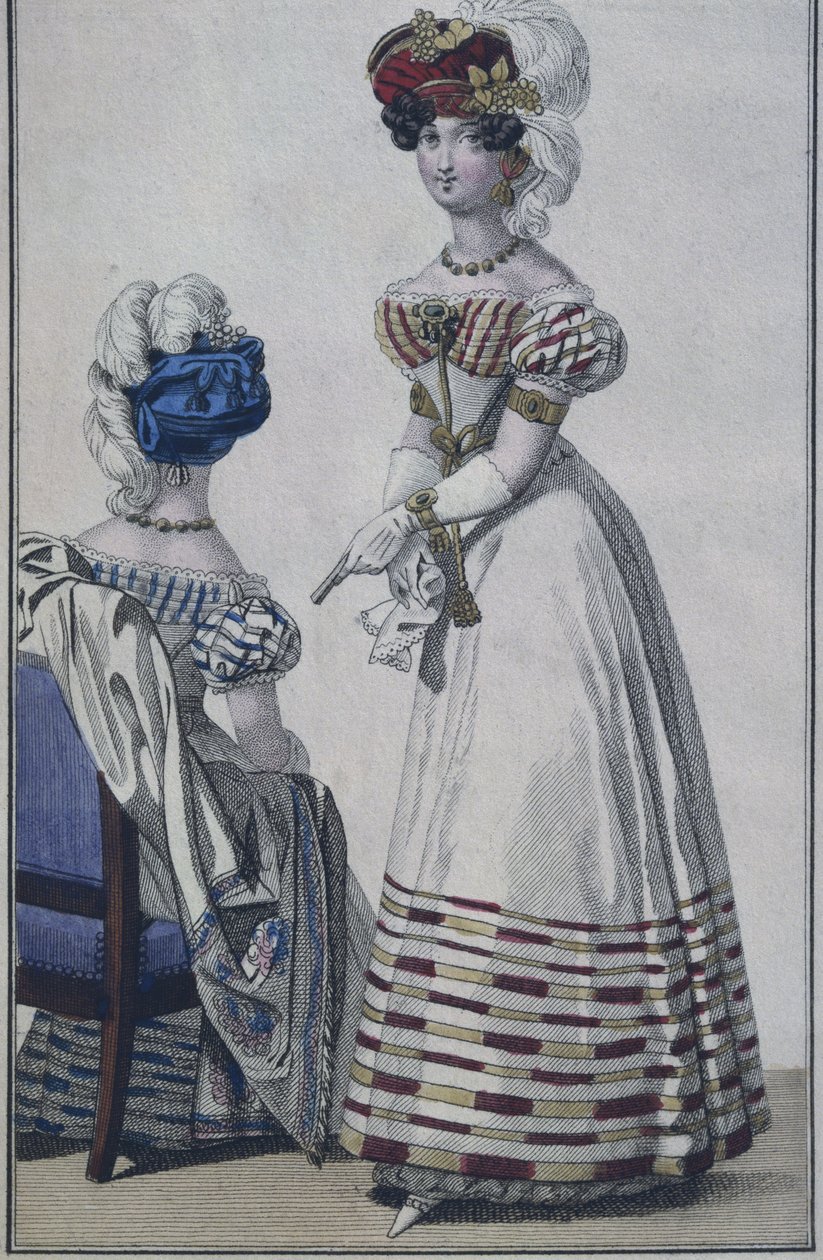 Divattányér, Párizs, illusztráció a Le Petit Courrier des Damesből, 1820 körül (színes gravírozás) alkotó: French School