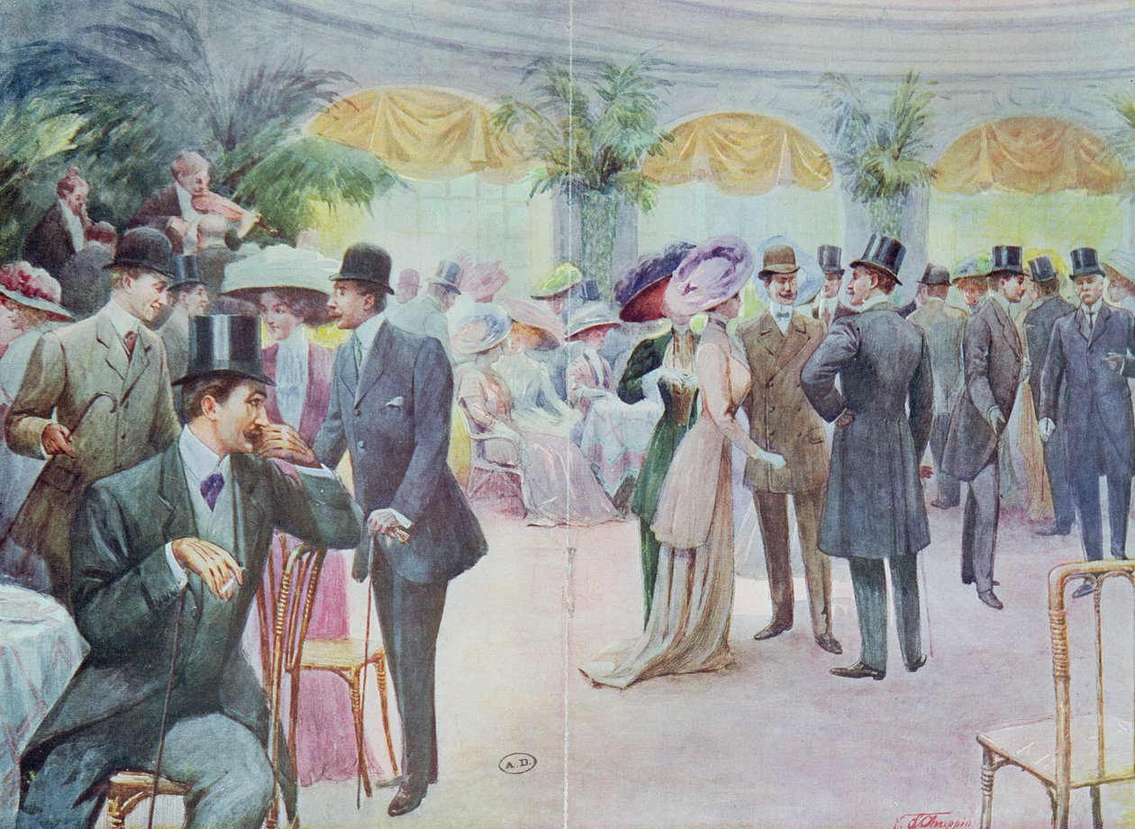 Divattányér, amely egy társasági összejövetelt ábrázol, 1908 alkotó: French School
